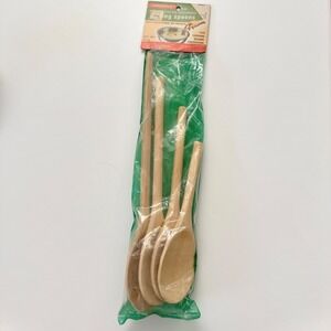 Vintage 1970s Fairgrove Beechwood Wooden Mixing Spoons 4 Sizes NOS #3044